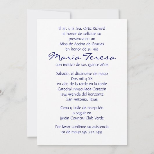 Quinceañera español Invitación vestido elegante Kaart (Achterkant)