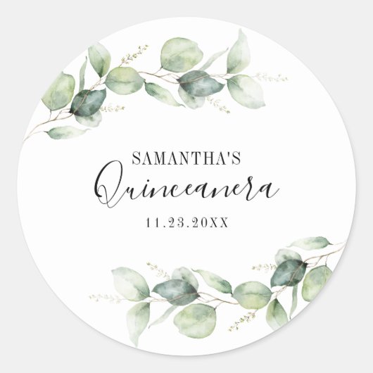 Quinceanera Eucalyptus 15th Birthday Greenery Ronde Sticker (Voorkant)