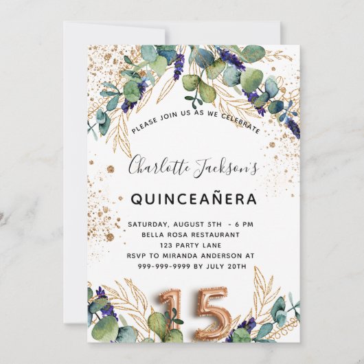 Quinceanera eucalyptus glitter elegant kaart (Voorkant)