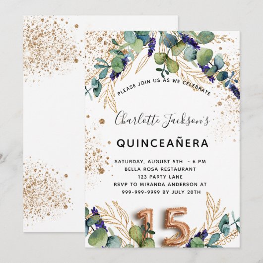 Quinceanera eucalyptus glitter elegant kaart (Voorkant / Achterkant)