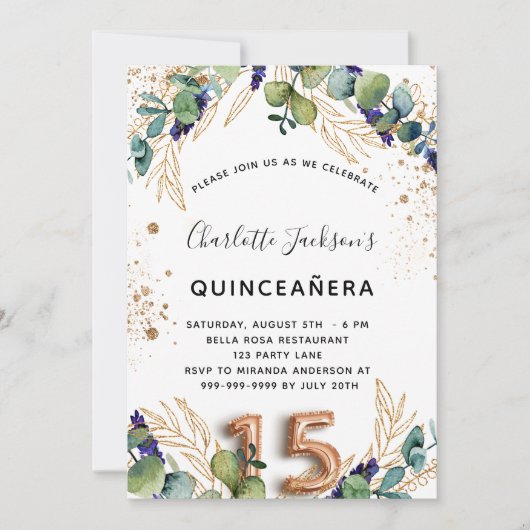 Quinceanera eucalyptus glitter elegant kaart (Voorkant)