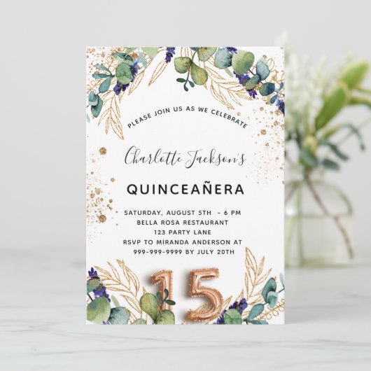 Quinceanera eucalyptus glitter elegant kaart (Staand voorkant)