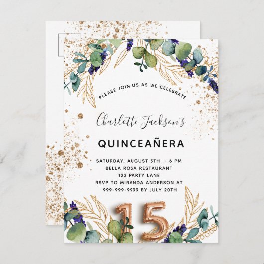 Quinceanera eucalyptus glitter elegant uitnodiging briefkaart (Voorkant / Achterkant)