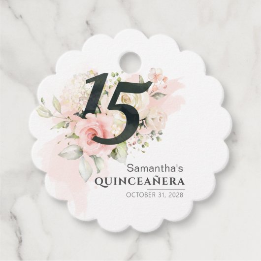 Quinceanera Eucalyptus Pink Floral 15e verjaardag Bedankjes Labels (Voorkant)