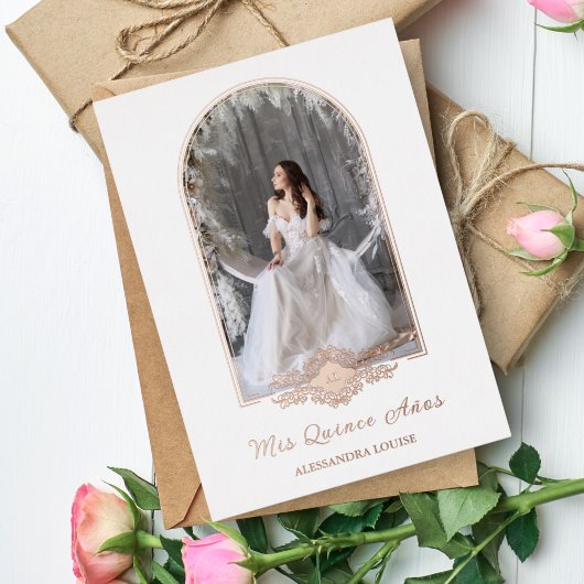 Quinceañera Fancy Roos Gold Arch Foto Folie Uitnodiging