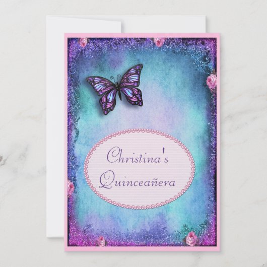 Quinceañera Faux Glitter, Vlinder, Rozen & Kant Kaart (Voorkant)