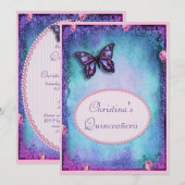 Quinceañera Faux Glitter, Vlinder, Rozen & Kant Kaart (Voorkant / Achterkant)