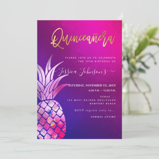 Quinceanera, Faux gouden Waterverf ananas Save The Date (Staand voorkant)