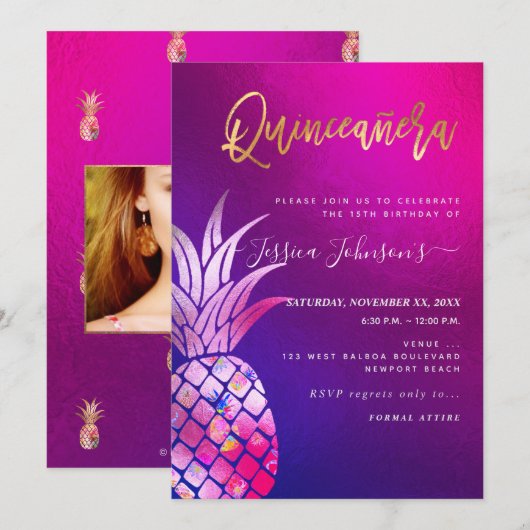 Quinceanera, Faux gouden Waterverf ananas Save The Date (Voorkant / Achterkant)