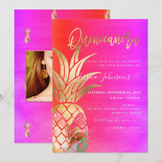 Quinceanera, Faux gouden Waterverf ananas Save The Date (Voorkant / Achterkant)