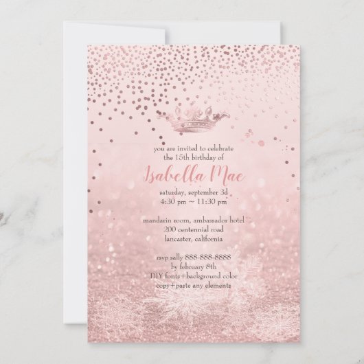 Quinceanera/Faux Roos Gold Confetti+Snow Bokeh Kaart (Achterkant)