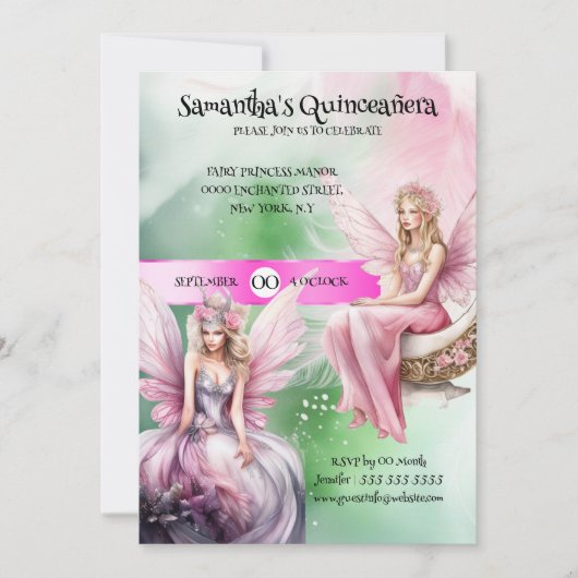 Quinceañera fee thema roze groene prinses meisjes kaart (Voorkant)