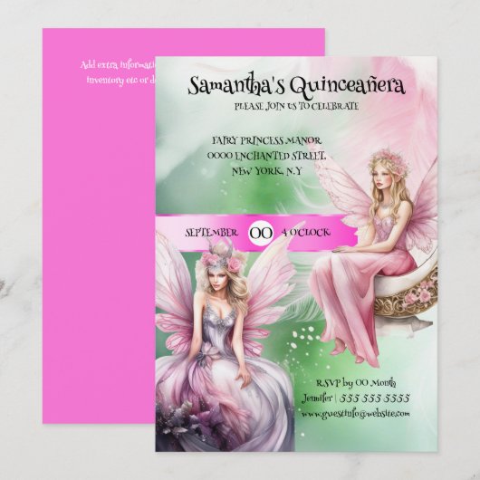 Quinceañera fee thema roze groene prinses meisjes kaart (Voorkant / Achterkant)
