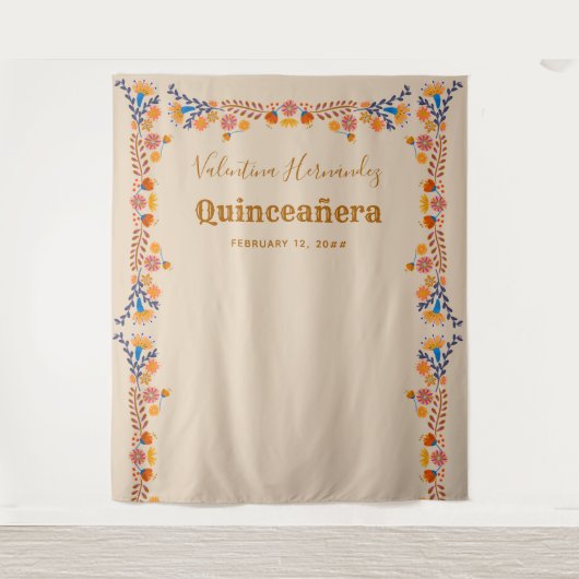 Quinceanera-feest Fotohulpstuk Mexicaanse Bloemen Wandkleed (Voorkant)