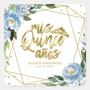 Quinceanera-feest goud folie stoffig blauwe bloeme vierkante sticker