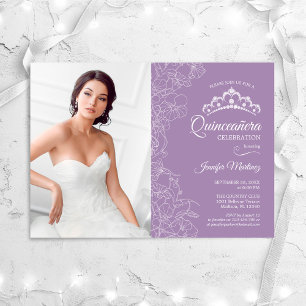 Quinceanera feest met foto - Paarse witte bloemen Kaart