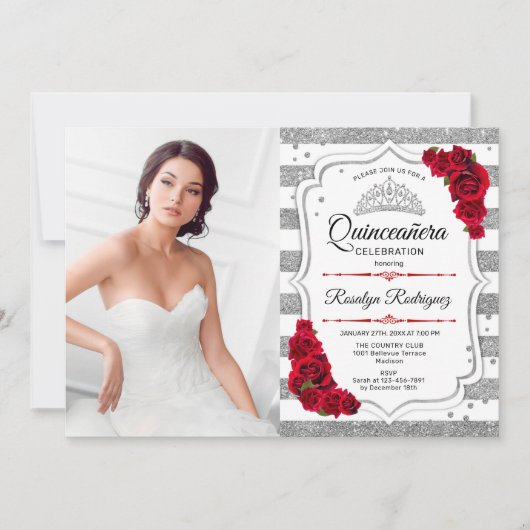 Quinceanera-feest met foto - Zilver Wit Rood Kaart (Voorkant)
