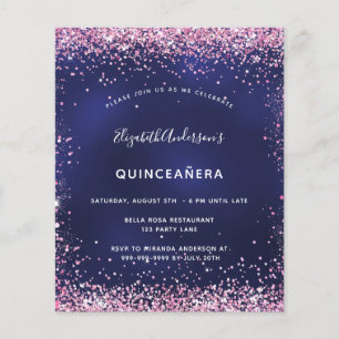 Quinceanera-feest navyblauw roze budget uitnodigin flyer