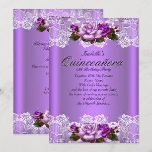 Quinceanera Feest Paarse Roze Rozen Witte Kant Kaart