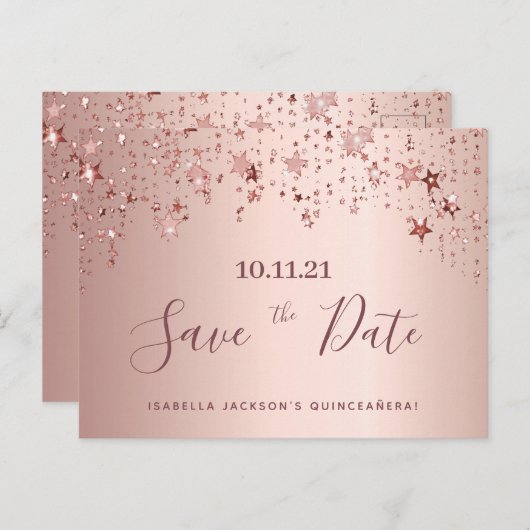 Quinceanera-feest roze gouden sterren save the dat briefkaart (Voorkant / Achterkant)