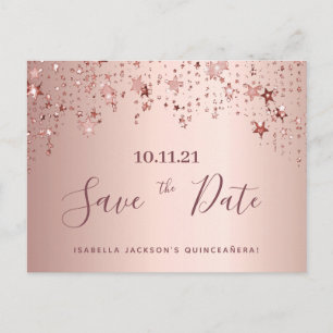 Quinceanera-feest roze gouden sterren save the dat briefkaart