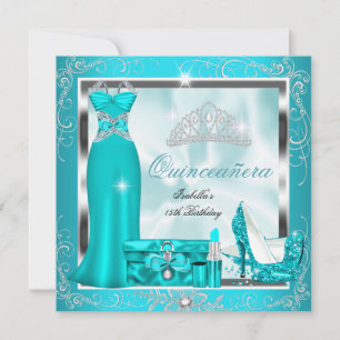 Quinceanera Feest Teal Blauw Zilver Sneeuwvlokken  Kaart