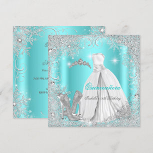 Quinceanera Feest Teal Blauw Zilveren Sneeuwvlokke Kaart