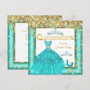 Quinceañera-feest turquoise jurk hoge hakken goud kaart
