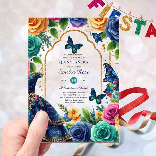 Quinceañera Feest Vlinders Quince Jurk Rozen Acryl Uitnodigingen