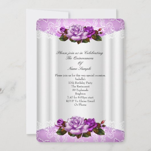 Quinceanera Feest Witte Paarse Roze Rozen Kant Kaart (Achterkant)