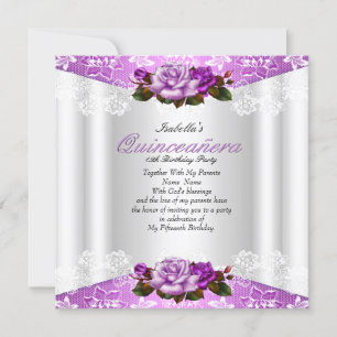 Quinceanera Feest Witte Paarse Roze Rozen Kantwerk Kaart