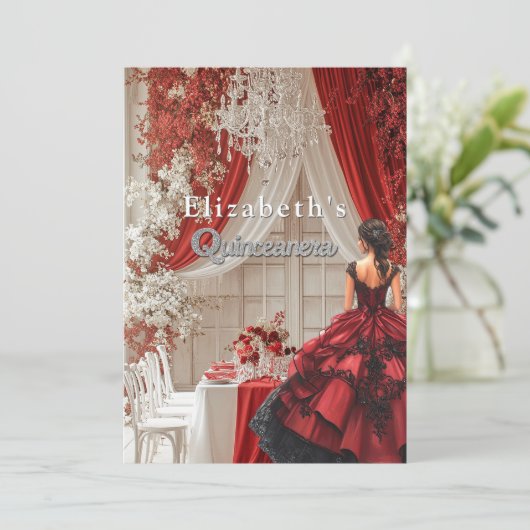 Quinceañera-feestzaal rode jurk kristallen kroonlu kaart (Staand voorkant)