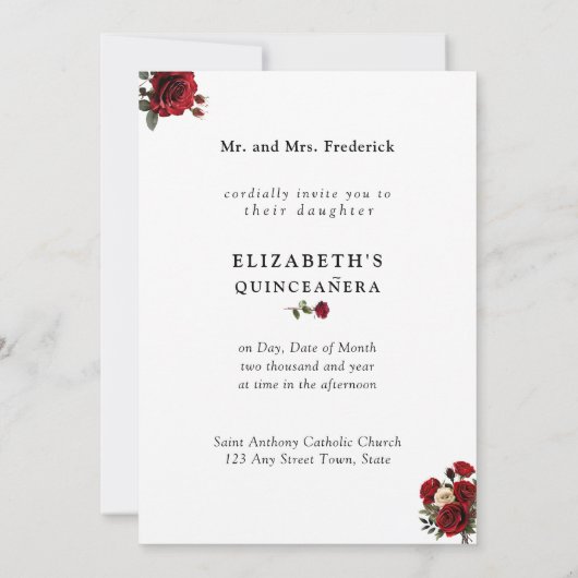 Quinceañera-feestzaal rode jurk kristallen kroonlu kaart (Achterkant)