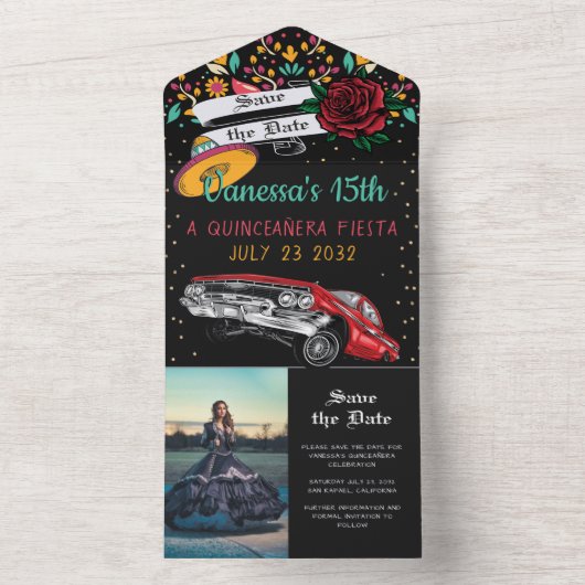 Quinceañera fiesta Floral lowrider behalve de datu All In One Uitnodiging (Binnen)