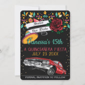 Quinceanera fiesta floral lowrider & red rose kaart (Voorkant)