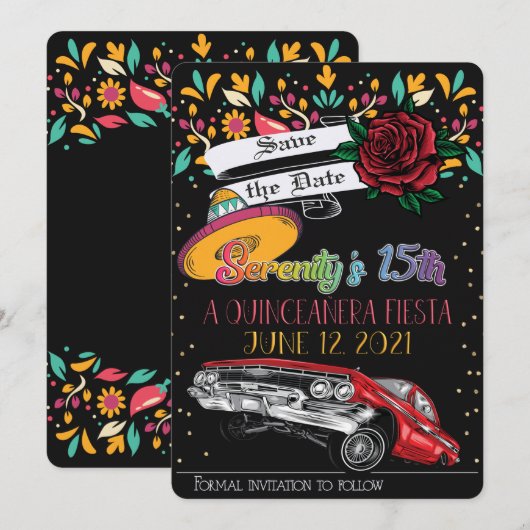 Quinceanera fiesta floral w / lowrider & rode roos kaart (Voorkant / Achterkant)