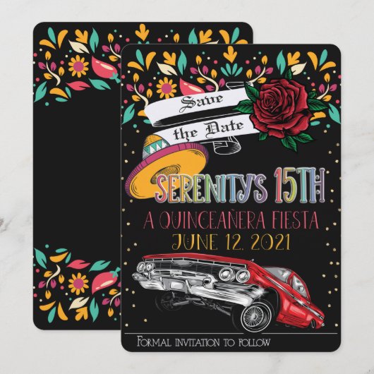 Quinceanera fiesta floral w / lowrider & rode roos kaart (Voorkant / Achterkant)