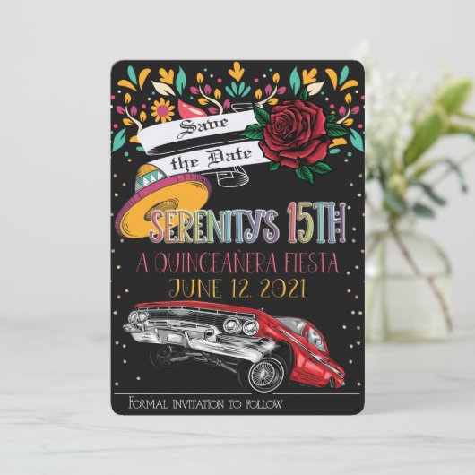 Quinceanera fiesta floral w / lowrider & rode roos kaart (Staand voorkant)