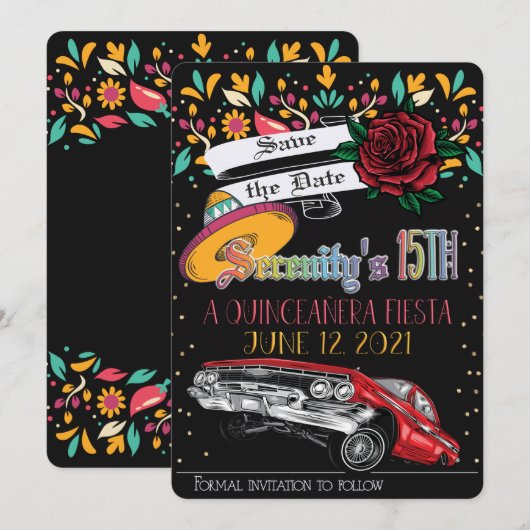 Quinceanera fiesta floral w / lowrider & rode roos kaart (Voorkant / Achterkant)