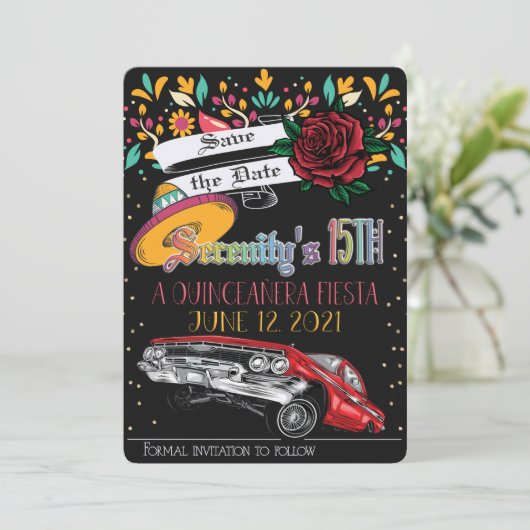 Quinceanera fiesta floral w / lowrider & rode roos kaart (Staand voorkant)