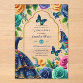 Quinceañera Fiesta Vlinders Quince Jurk Rozen Acryl Uitnodigingen (Voorkant)