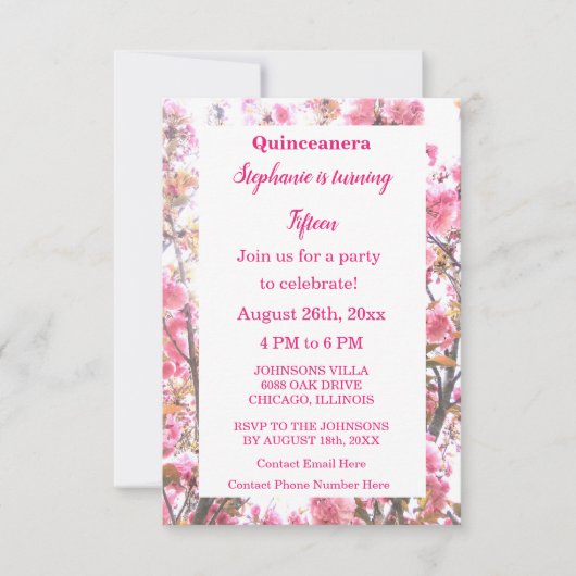 Quinceanera Fiftiende verjaardag Roze Cherry Flora Kaart (Voorkant)