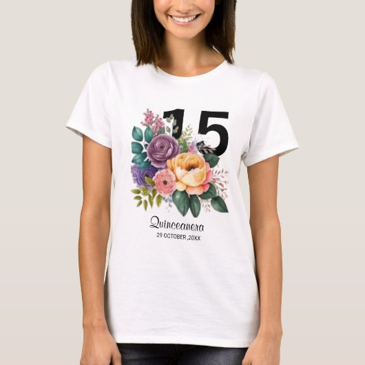 Quinceanera Floral 15e verjaardag T-shirt (Voorkant)