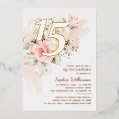 Quinceanera Floral 15th Birthday Roos Gold Folie Uitnodiging (Voorkant)