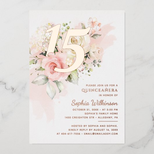 Quinceanera Floral 15th Birthday Roos Gold Folie Uitnodiging (Voorkant)