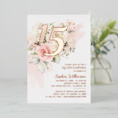 Quinceanera Floral 15th Birthday Roos Gold Folie Uitnodiging (Staand Voorkant)