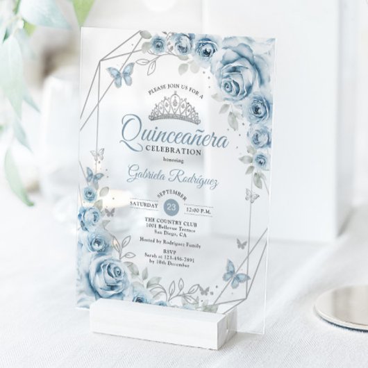 Quinceanera Floral Baby Blauw Zilver Acryl Uitnodigingen