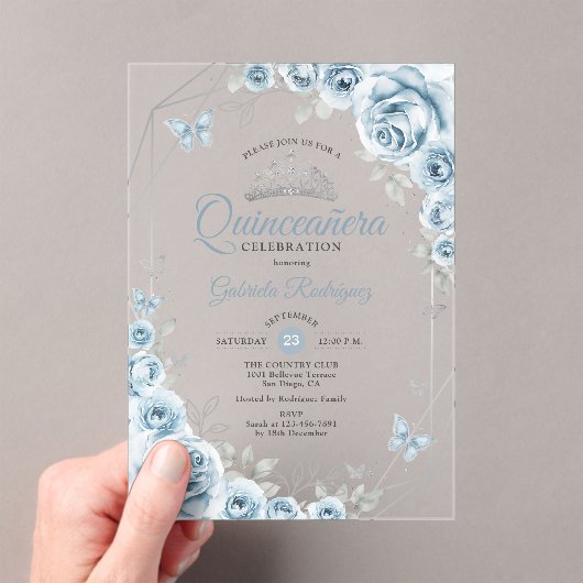 Quinceanera Floral Baby Blauw Zilver Acryl Uitnodigingen (Insitu (Draagbaar))
