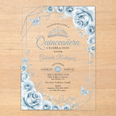 Quinceanera Floral Baby Blauw Zilver Acryl Uitnodigingen (Voorkant)