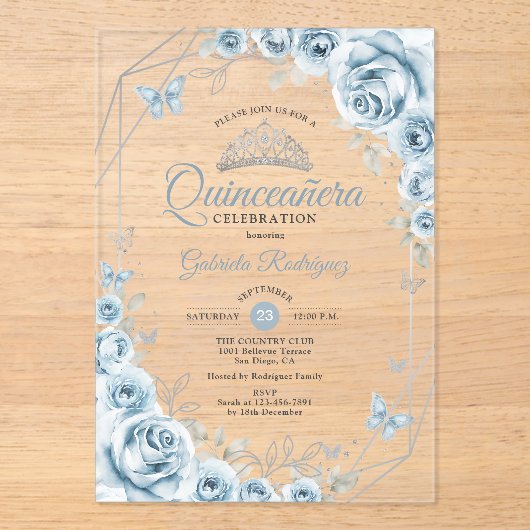Quinceanera Floral Baby Blauw Zilver Acryl Uitnodigingen (Voorkant)